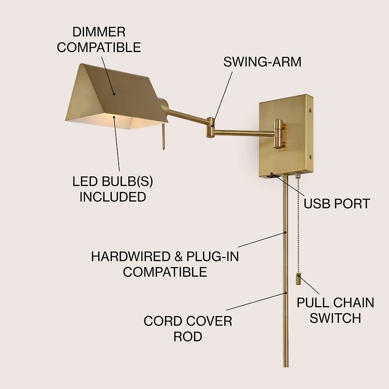 Arlo Farmhouse Industrial Single Swing Arm Plug Or Hardwired Iron Led Wall Sconce with Pull Chain