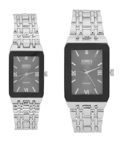 Jones New York Men and Women's Analog Shiny Silver-Tone Metal Bracelet His Hers Watch 40mm, 32mm Gift Set