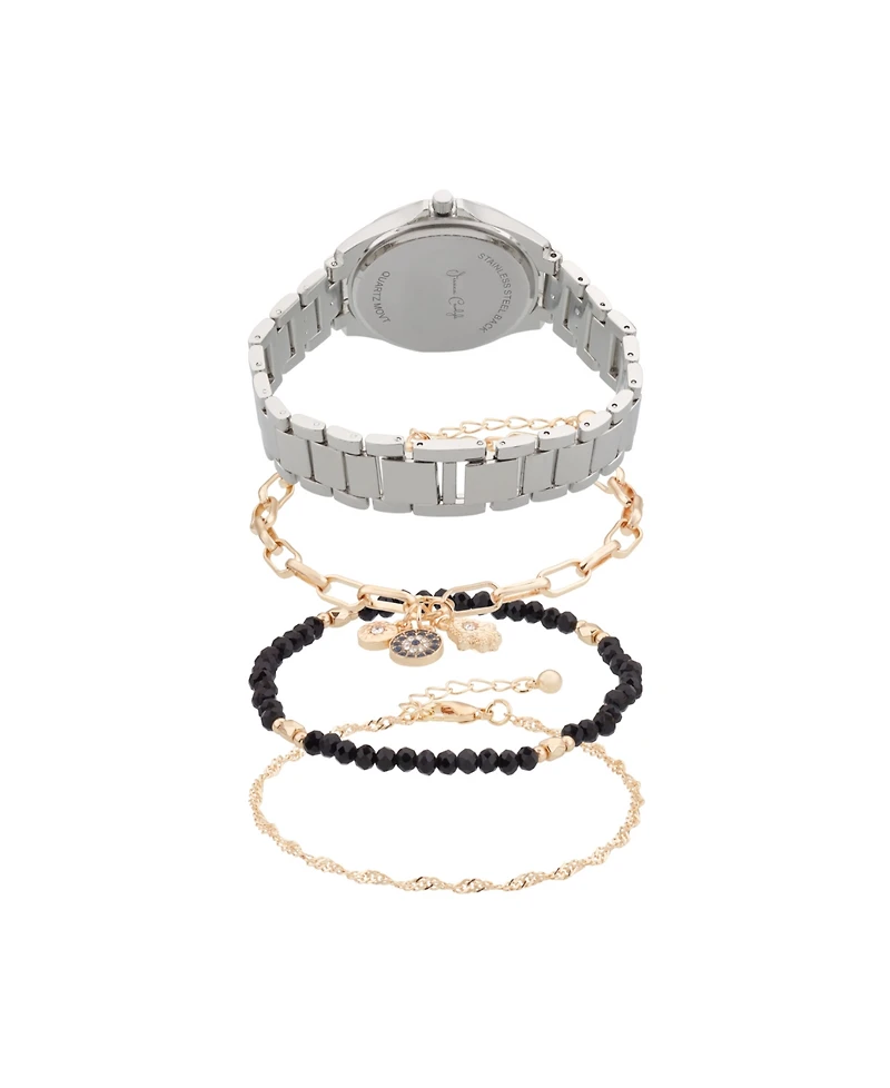 Jessica Carlyle Women's Analog Shiny Silver-Tone Metal Strap Watch 36mm 4 Pieces Bracelet Gift Set