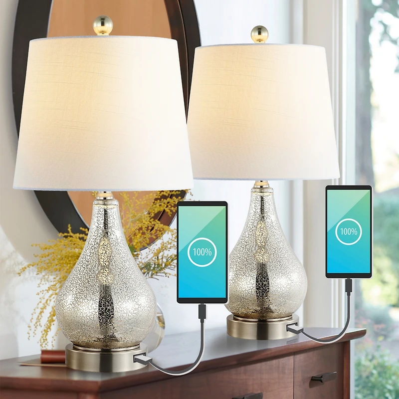 Dino Farmhouse Industrial Iron/Glass Led Table Lamp with Usb Charging Port (Set of 2)