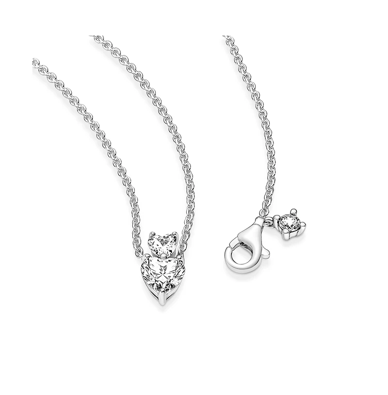 Pandora Timeless Sterling Silver Double Heart Pendant Sparkling Cubic Zirconia Collier Necklace