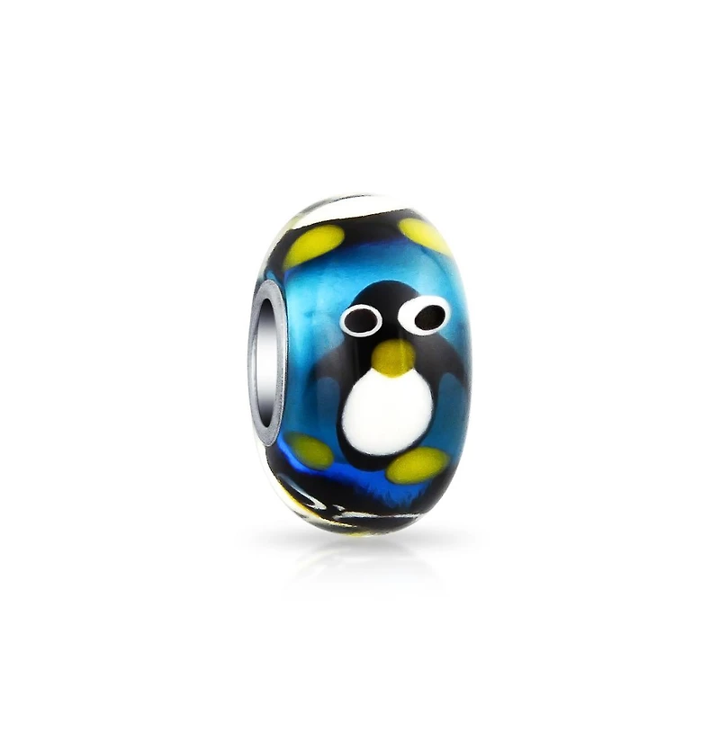 Bling Jewelry Christmas Holiday Cartoon Animal Blue Penguin Charm Bead Fits European Charm Bracelet For Murano Glass Sterling Silver Core Spacer