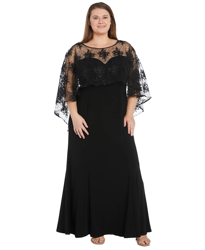 R & M Richards Plus Embroidered-Capelet Gown
