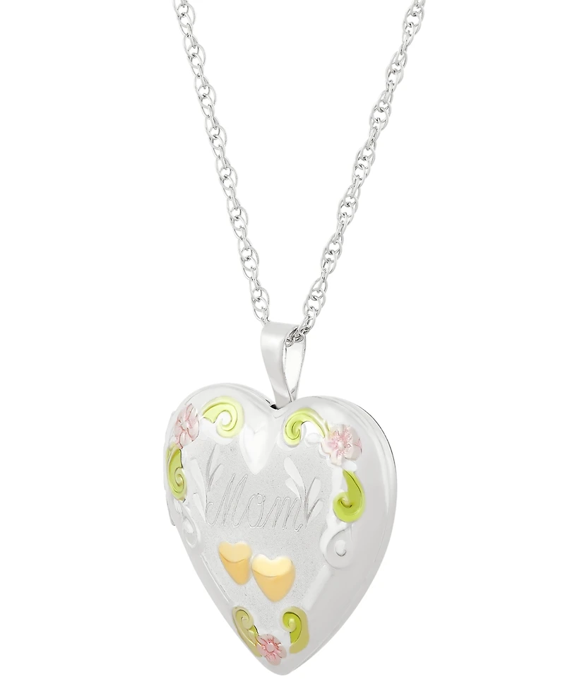 Mom Painted Heart Locket 18" Pendant Necklace in Sterling Silver