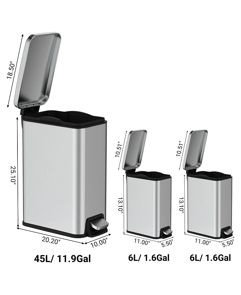 11.9 Gallon/ 45 Liter + Two 1.6 Gallon/6 Liter Rectangular Step-on Trash Can Set For Bathroom and Kitchen
