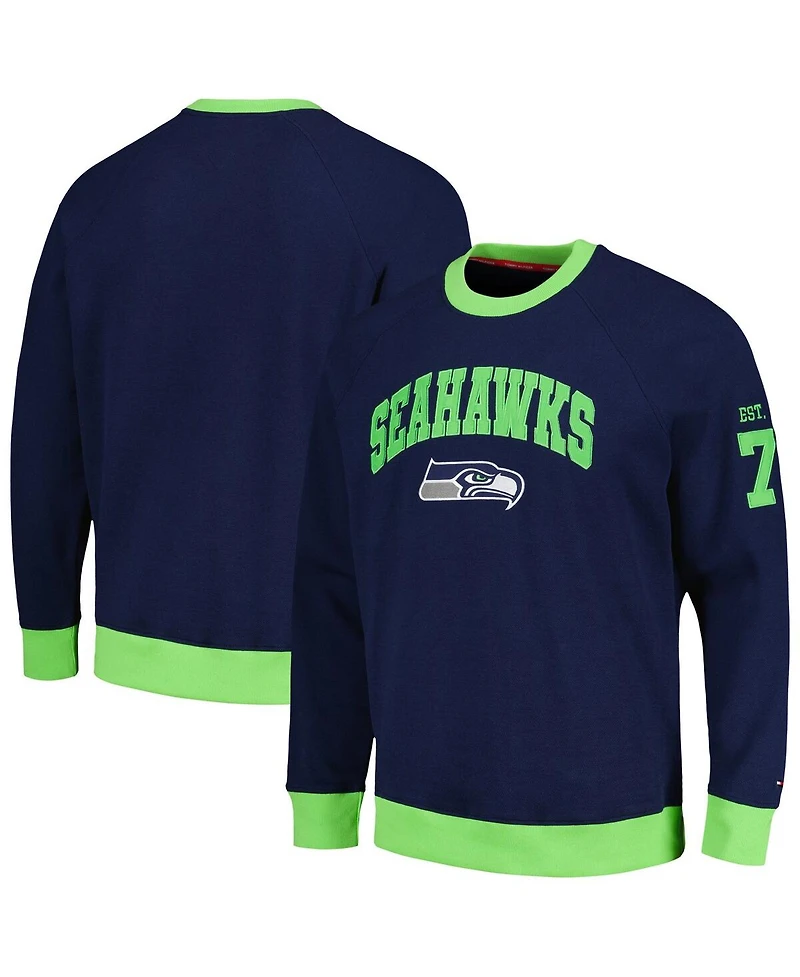 Men's Tommy Hilfiger College Navy, Neon Green Seattle Seahawks Reese Raglan Tri-Blend Pullover Sweatshirt