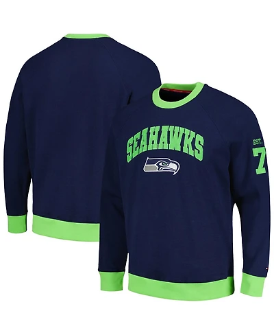 Men's Tommy Hilfiger College Navy, Neon Green Seattle Seahawks Reese Raglan Tri-Blend Pullover Sweatshirt