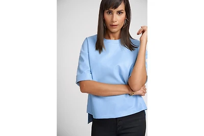 Brooke Faux Leather Crew Top-sky