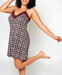 iCollection Plus Modal Cozy Plaid Trimmed Elegant Lace 1 Pc Nightgown
