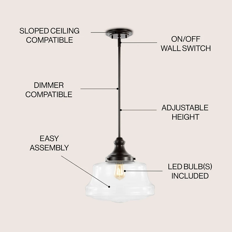 Schoolhouse Bohemian Farmhouse Iron/Glass Led Pendant