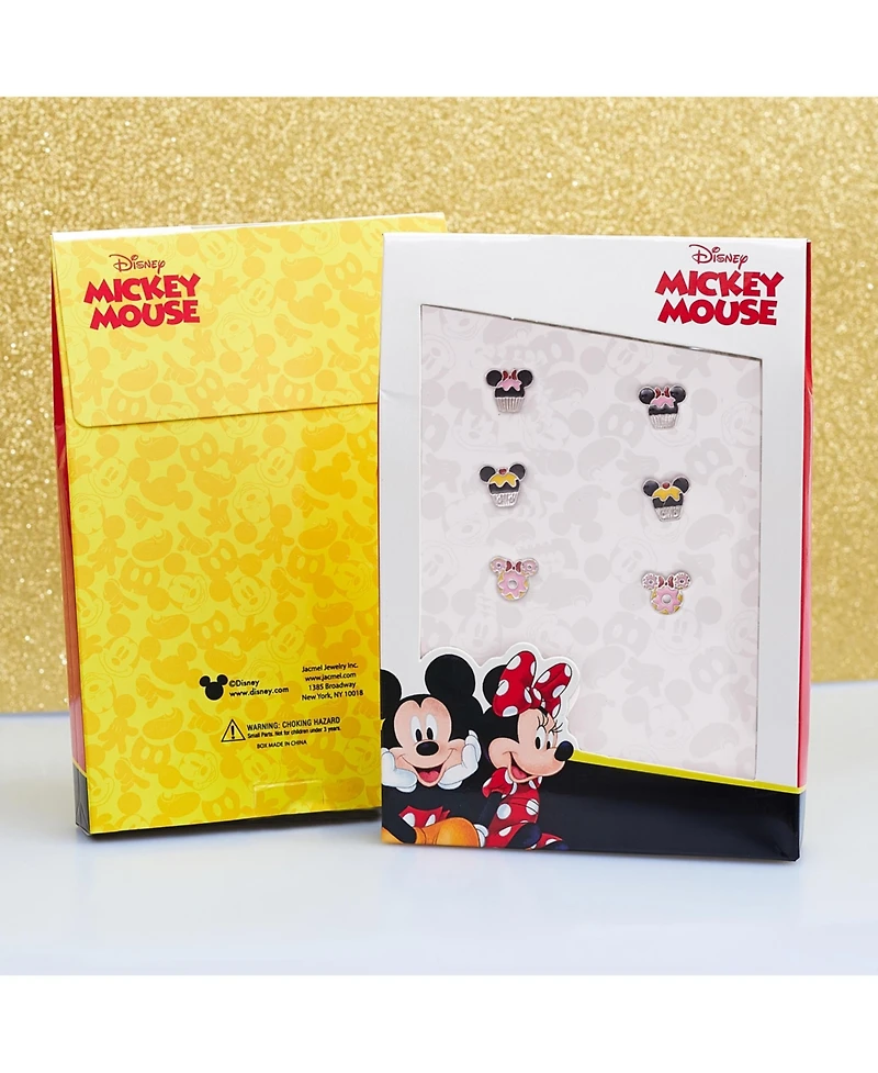 Disney Mickey and Minnie Mouse Fashion Stud Earring - Cupcakes and Donut, Silver/Pink - 3 pairs