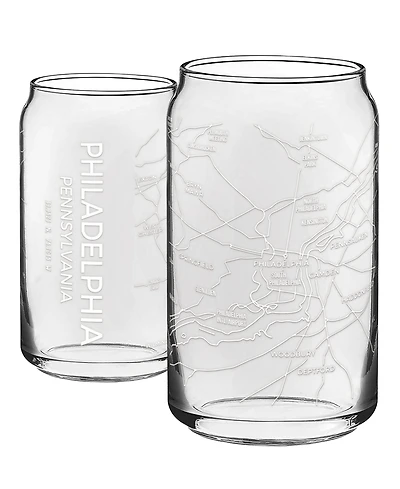 Narbo The Can Philadelphia Map 16 oz Everyday Glassware, Set of 2