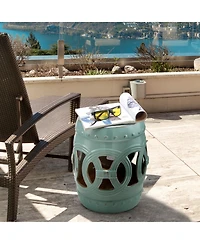 Outsunny 14" x 17" Ceramic Side Table Garden Stool with Knotted Ring Design & Glazed Strong Materials, Antique Blue