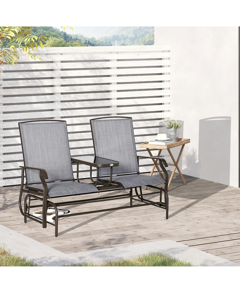 Outsunny 2-Person Outdoor Glider Bench w/ Center Table, Steel Frame for Backyard Garden Porch, Gray