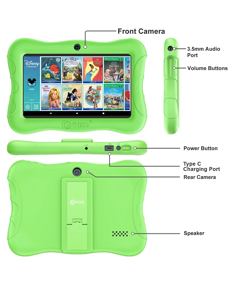 Contixo 7" Android Kids Tablet 32GB, Includes 50+ Disney Storybooks & Stickers, Protective Case with Kickstand, (2024 Model)