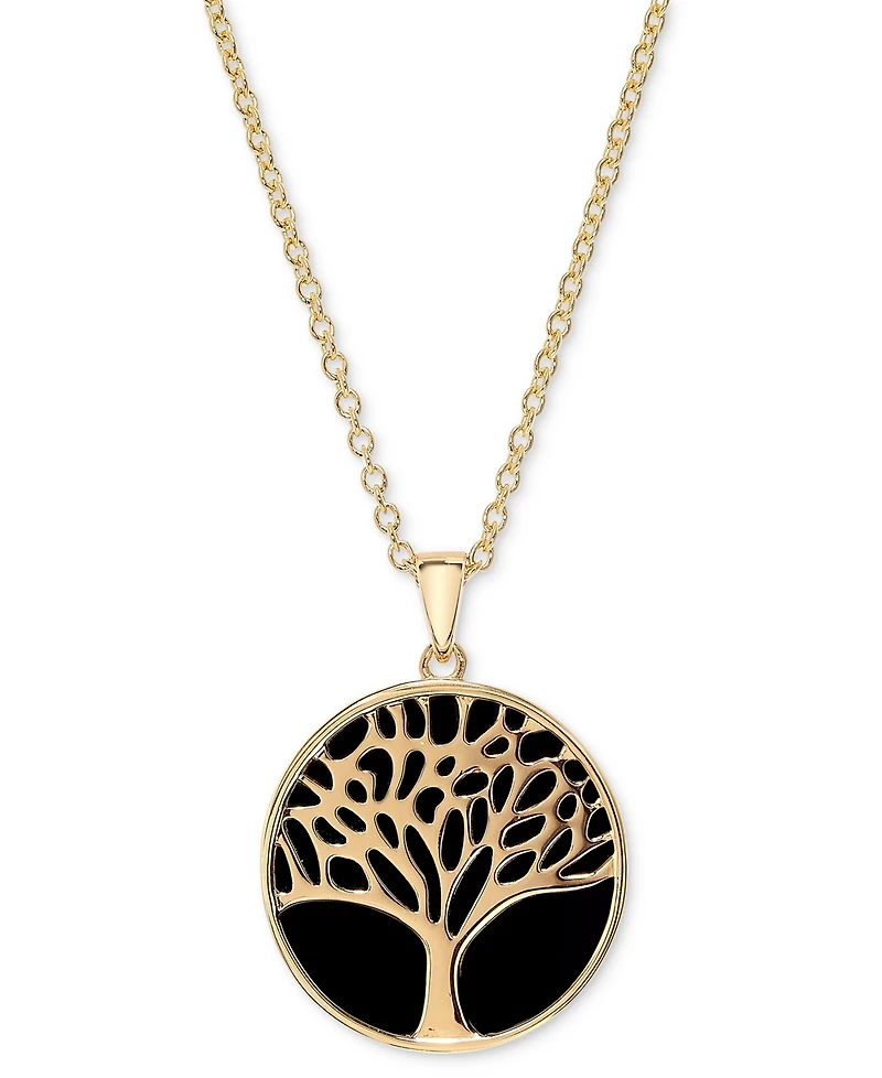 Onyx Tree & Flower Reversible 18" Pendant Necklace in 14k Gold-Plated Sterling Silver