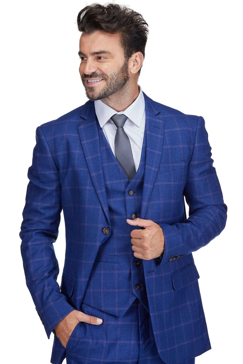 Gino Vitale Men's 3-Piece Windowpane Plaid Slim Fit Suit