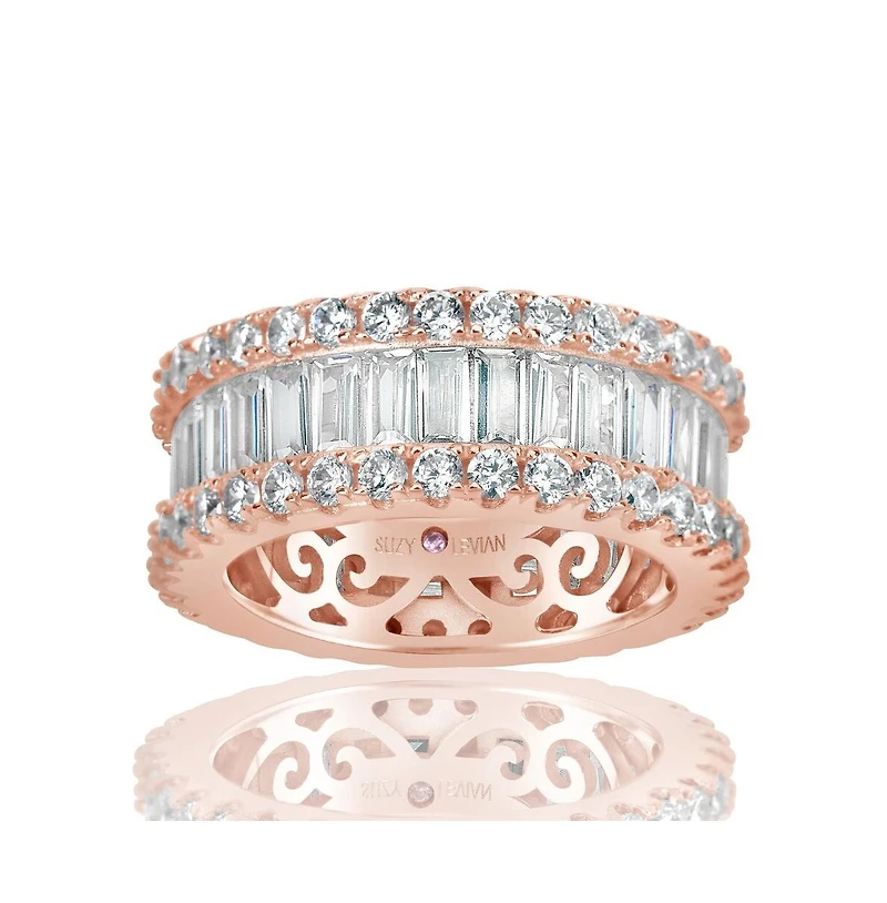 Suzy Levian Sterling Silver Cubic Zirconia White Baguette and Round Wide Eternity Band Ring