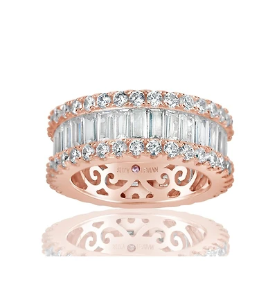 Suzy Levian Sterling Silver Cubic Zirconia White Baguette and Round Wide Eternity Band Ring