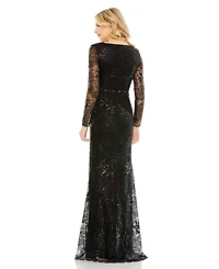 Mac Duggal Women's Embellished Wrap Over Long Sleeve Gown