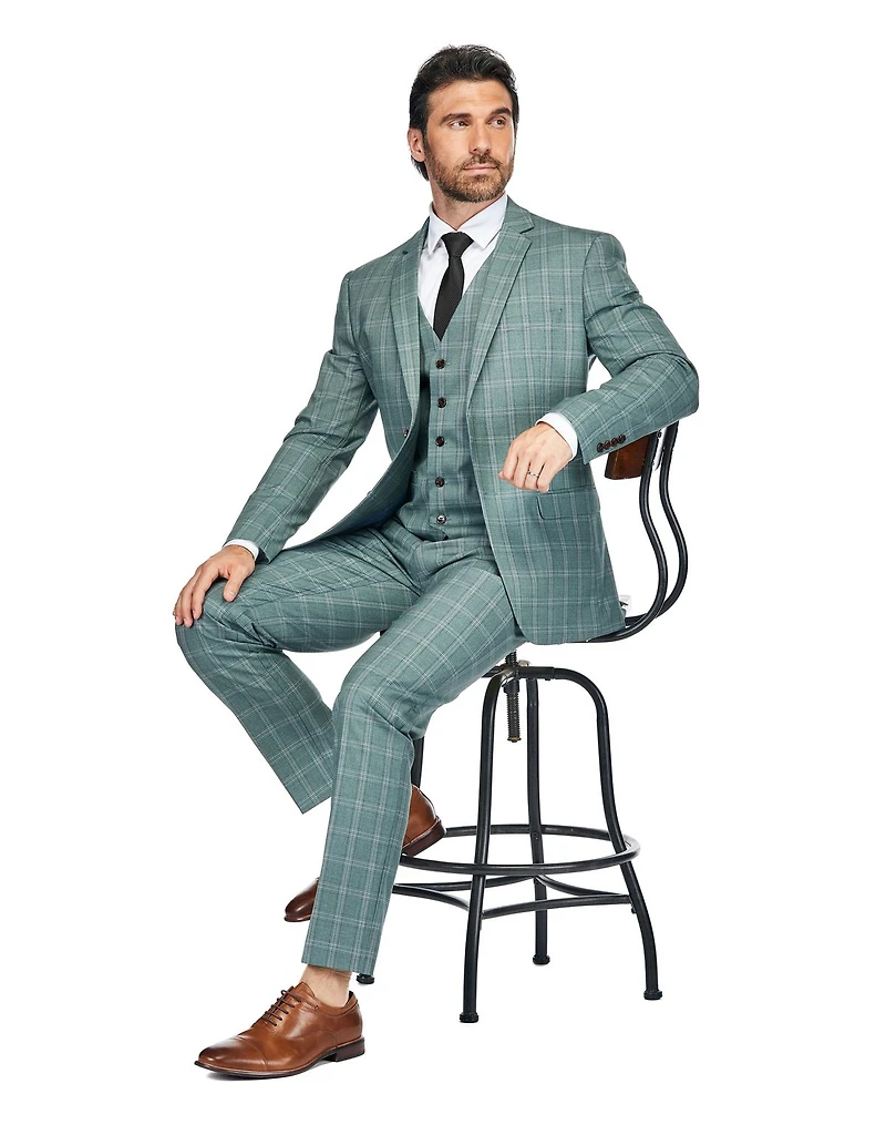 Gino Vitale Men's 3 Piece Slim Fit Green Plaid Suit