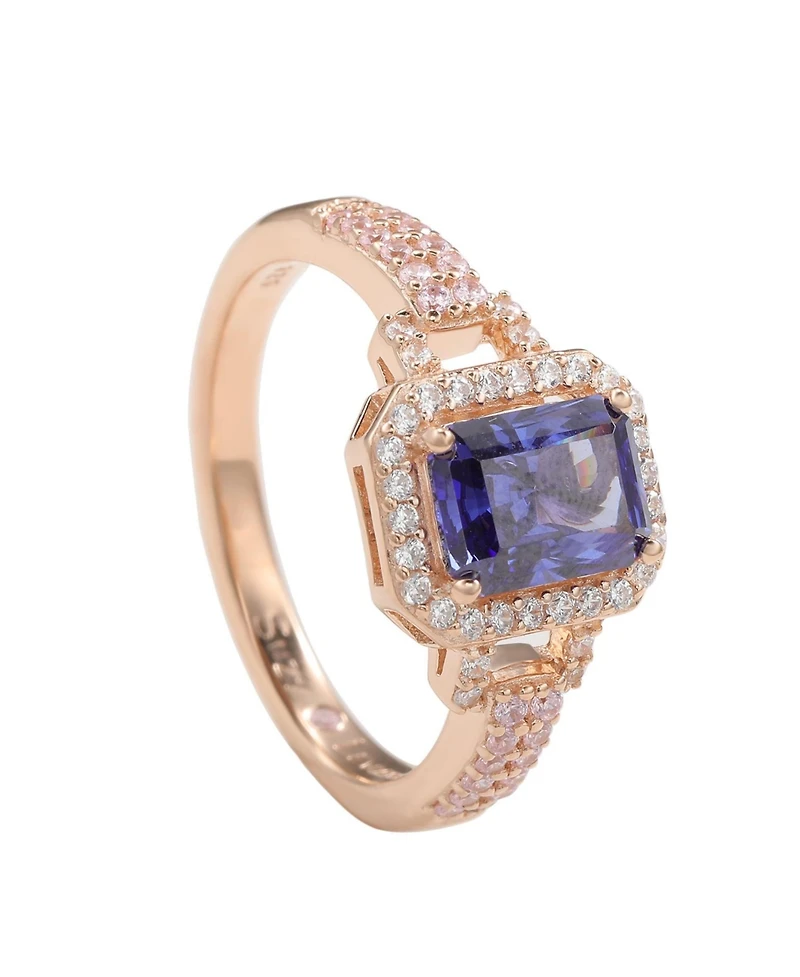 Suzy Levian Sterling Silver Cubic Zirconia Emerald-Cut Halo Ring