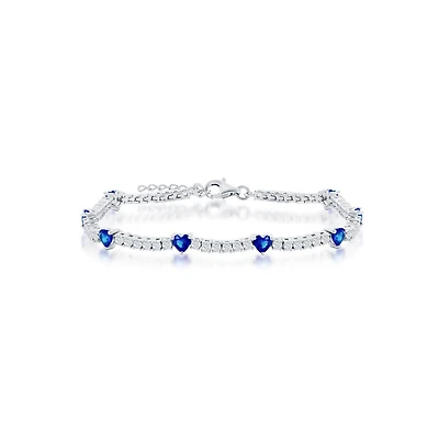 Sterling Silver Cz heart Tennis Bracelet (Green, Blue, Or Red)