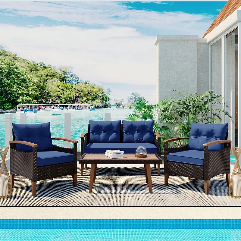 Streamdale 4-Piece Patio Furniture Set Rattan Sofa & Wood Table