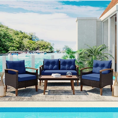 Streamdale 4-Piece Patio Furniture Set Rattan Sofa & Wood Table