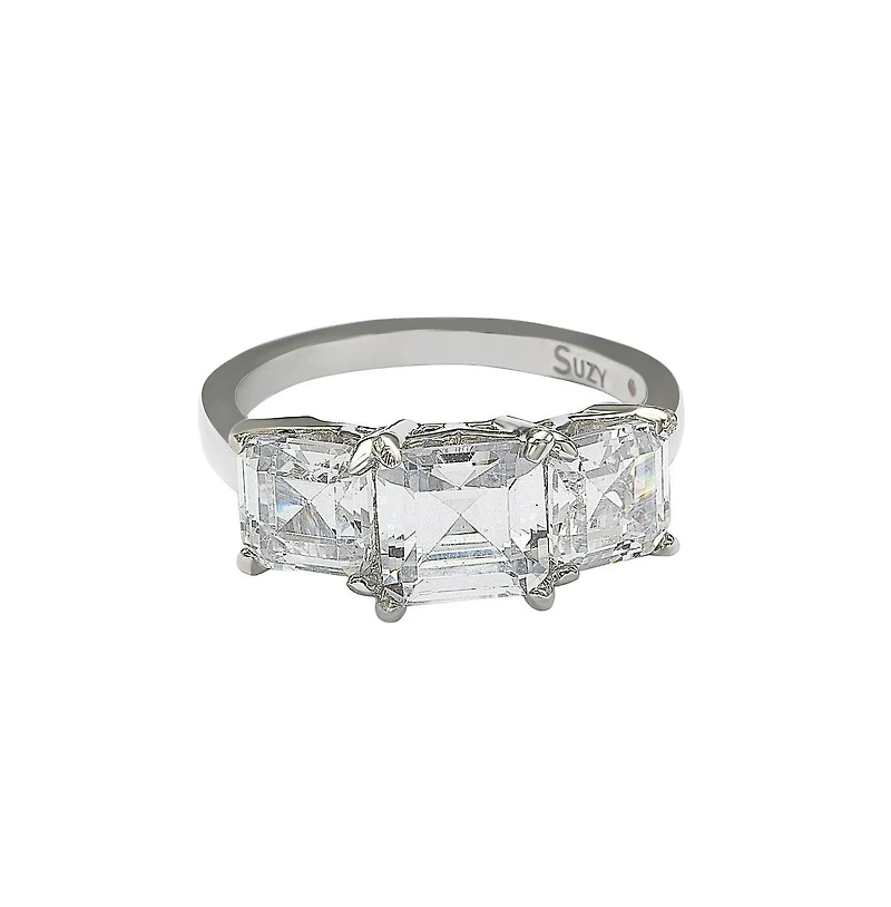 Suzy Levian Sterling Silver White Cubic Zirconia 3-Stone Center Stone Ring