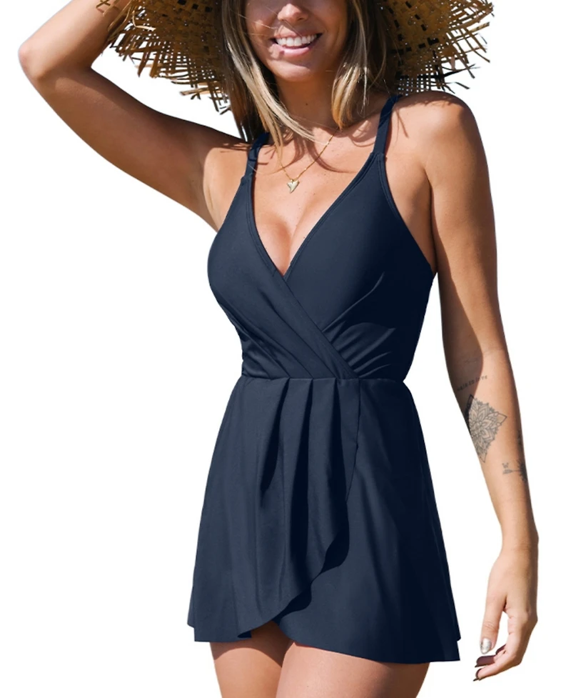 Cupshe Women's Ruched Cross Back Swim Dress