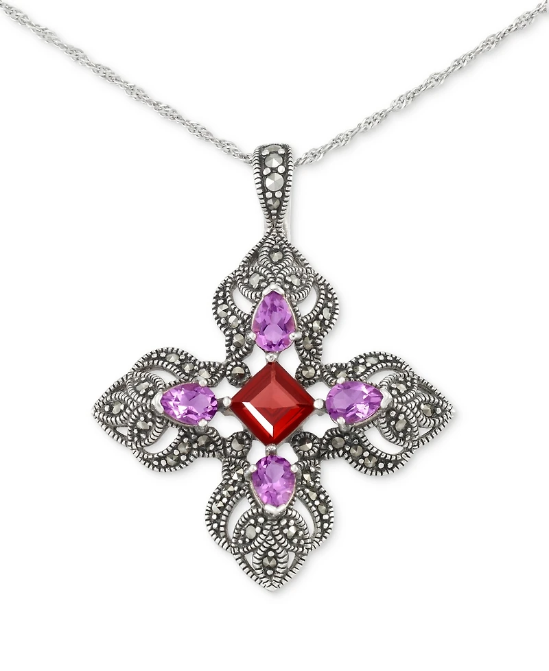Amethyst (1-1/3 ct. t.w.), Garnet (1-5/8 ct. t.w.), & Marcasite (5/8 ct. t.w.) Filigree Cross 18" Pendant Necklace in Sterling Silver