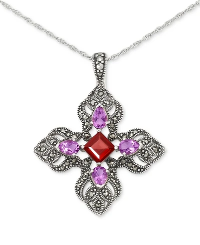 Amethyst (1-1/3 ct. t.w.), Garnet (1-5/8 ct. t.w.), & Marcasite (5/8 ct. t.w.) Filigree Cross 18" Pendant Necklace in Sterling Silver