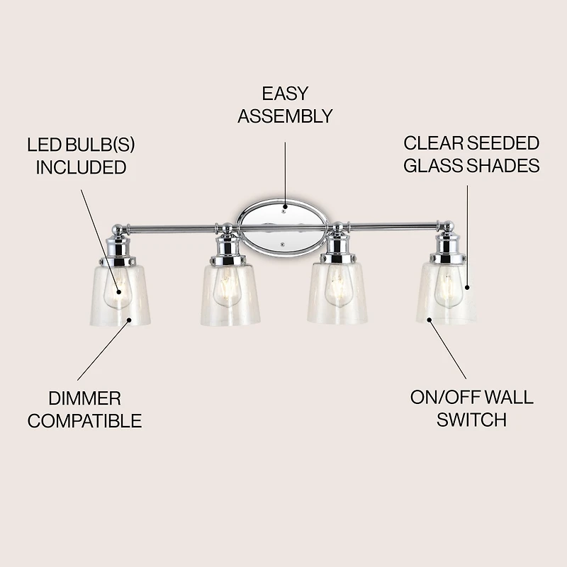 Jonathan Y Beverly 31.75" 4-Light Iron/Seeded Glass Classic Cottage Led Vanity Light, Chrome