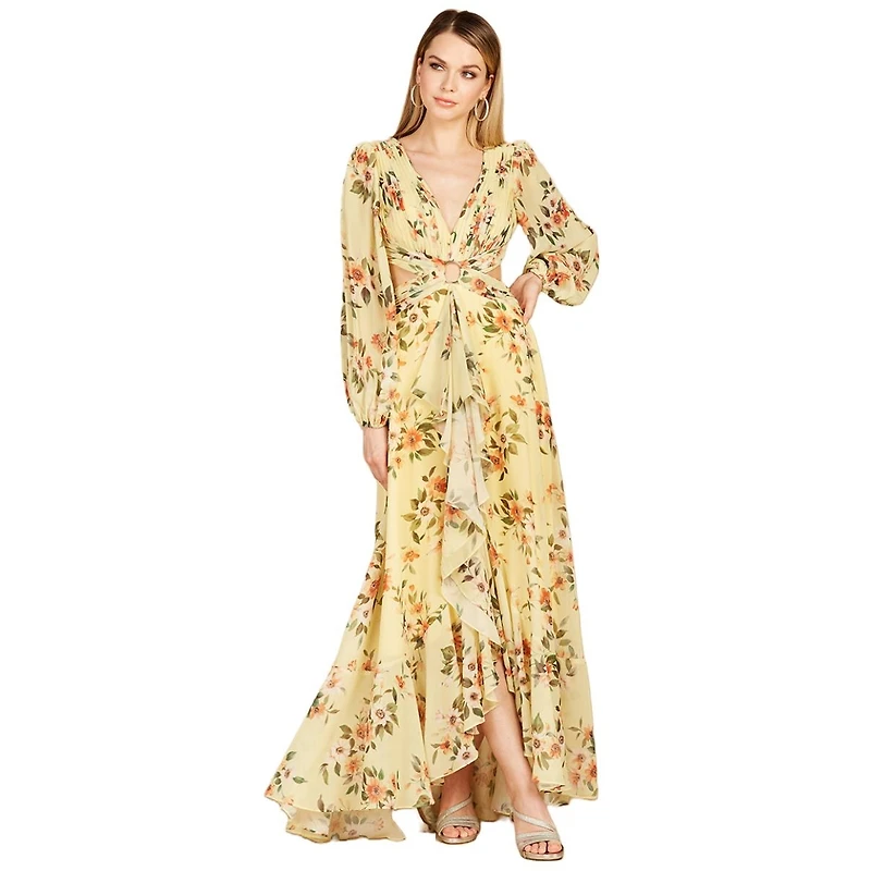 Lara Women's Long Sleeve V-Neck, Layered Skirt Print Dress