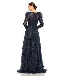 Women's Embellished V Neck Long Sleeve A Line Gown
