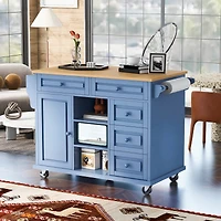 Streamdale Blue Rolling Kitchen Island with Rubberwood Top - 53