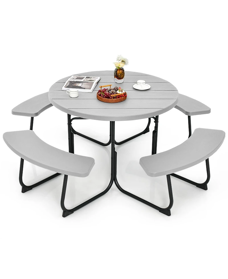 Outdoor 8-person Round Picnic Table Bench Set with 4 Benches & Umbrella Hole