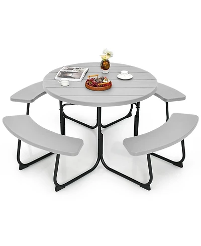 Outdoor 8-person Round Picnic Table Bench Set with 4 Benches & Umbrella Hole
