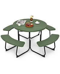 Outdoor 8-person Round Picnic Table Bench Set with 4 Benches & Umbrella Hole