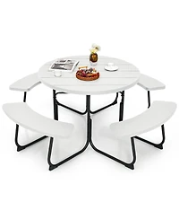 Outdoor 8-person Round Picnic Table Bench Set with 4 Benches & Umbrella Hole
