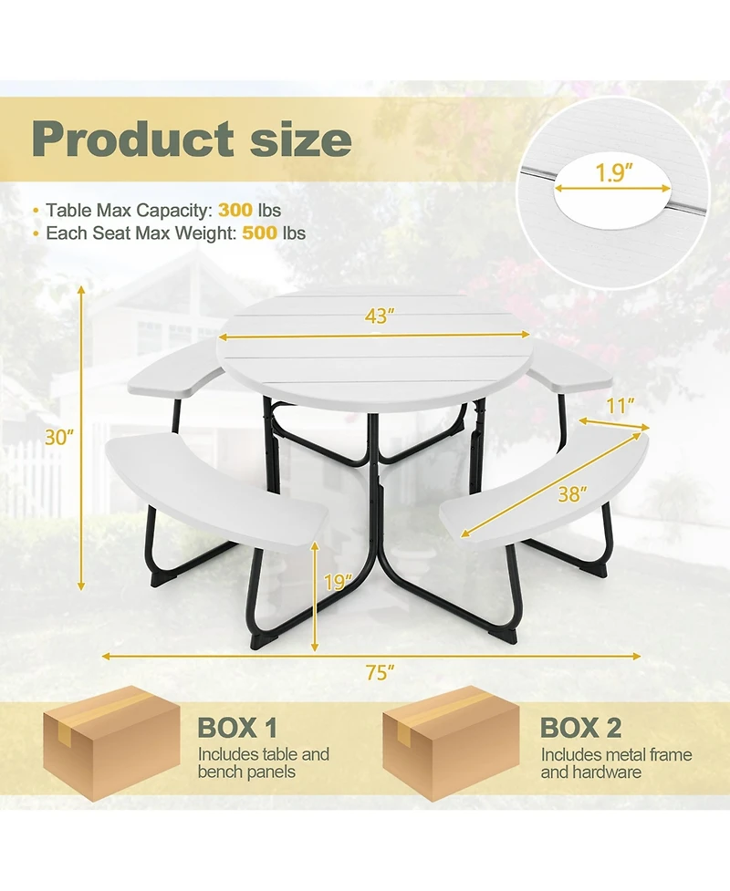 Outdoor 8-person Round Picnic Table Bench Set with 4 Benches & Umbrella Hole