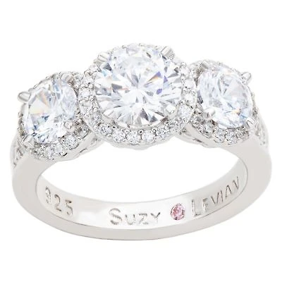 Suzy Levian Sterling Silver Cubic Zirconia White Three Stones Halo Center Stone Ring