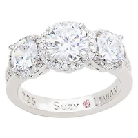 Suzy Levian Sterling Silver Cubic Zirconia White Three Stones Halo Center Stone Ring