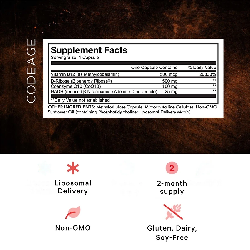 Codeage Liposomal Nadh+ Supplement - Nadh, Vitamin B12, D-Ribose as Bioenergy Ribose, CoQ10-2-Month Supply - Liposomal Delivery