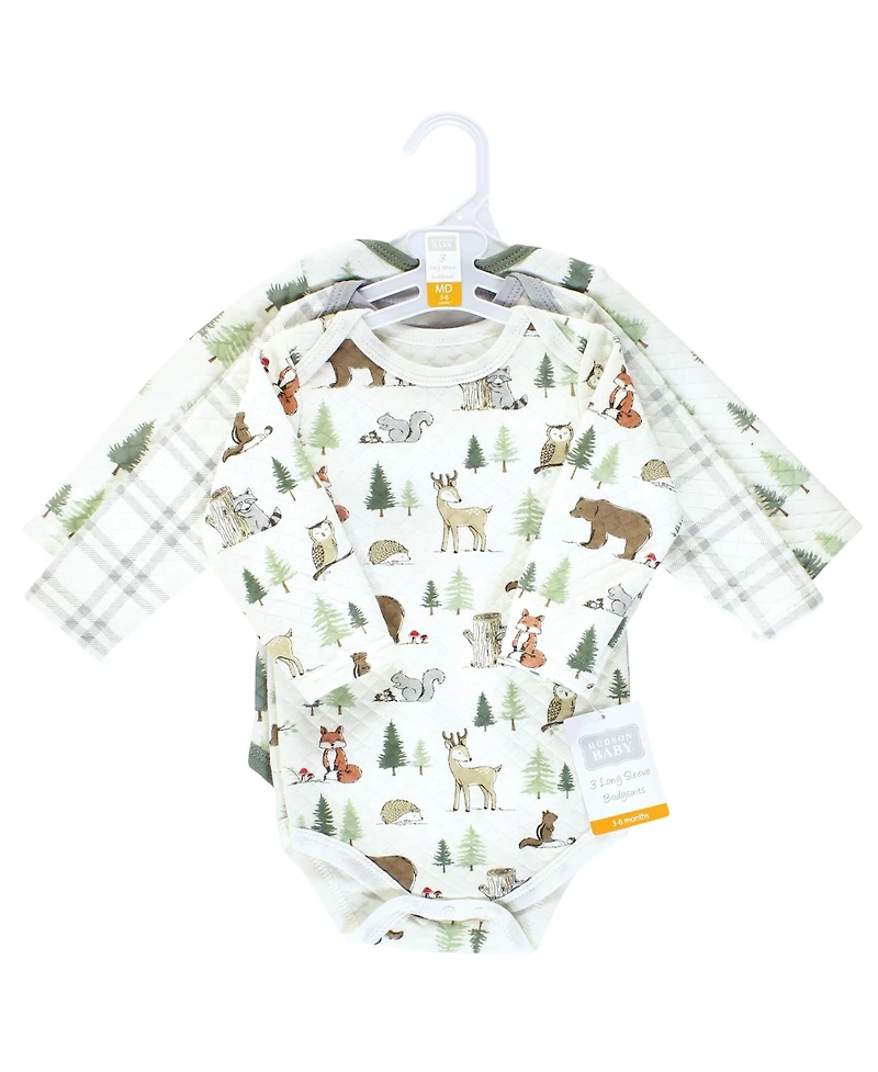 Hudson Baby Boys or Girls Quilted Long Sleeve Cotton Bodysuits, Forest Animals, Months