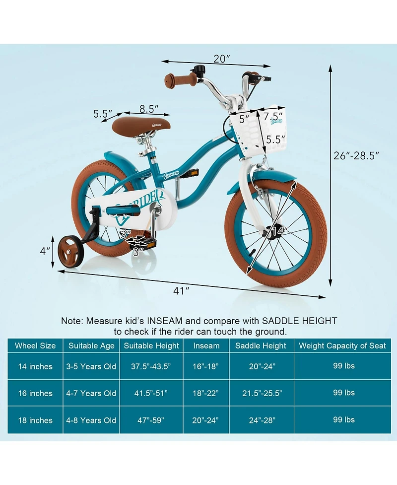 14 Inch Kid's Bike with Removable Training Wheels and Basket
