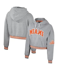 Women's The Wild Collective Heather Gray Distressed Miami Hurricanes Cropped Shimmer Pullover Hoodie