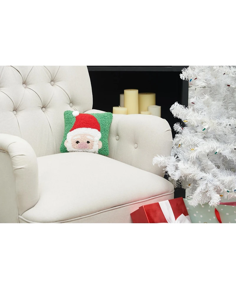 C&F Home 8" x 8" Christmas Peek-a-Boo Santa on Green Background Petite Accent Hooked Throw Pillow