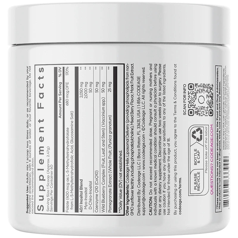 Codeage Liposomal Ovarian Inositol Powder - Myo-Inositol & D-Chiro-Inositol 40:1 Blend, Folate 5-mthf, CoQ10, Pte & Wild Blueberry - 2-Month Supply
